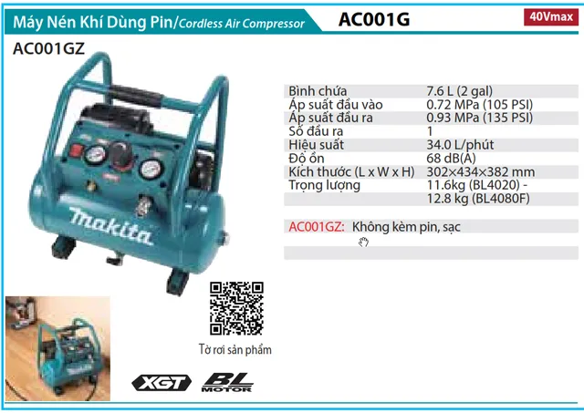 Makita AC001GZ Máy Nén Khí Dùng Pin (BL) (40v Max)