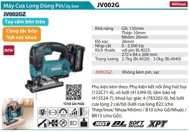 Makita JV002GZ Máy Cưa Lọng Dùng Pin 40V Max