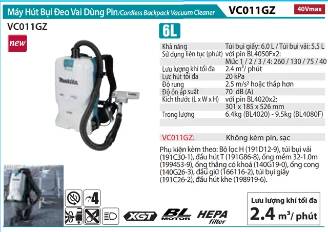 Makita VC011GZ Máy Hút Bụi Đeo Vai Dùng Pin